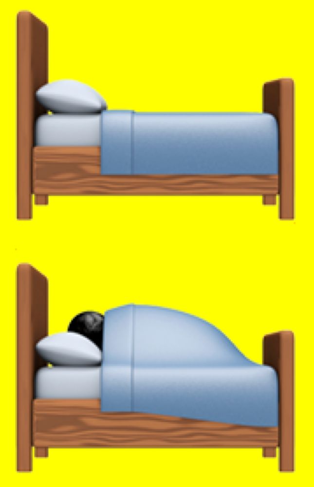 apple color emojis. the first is just a wooden bed with curiously high endboards and a pale blue blanket. In the second bed someone… or rather something… is sleeping. it is black and glistening and perhaps moist and has some wrinkles, like a prune… it very much is not a face or a neck… 