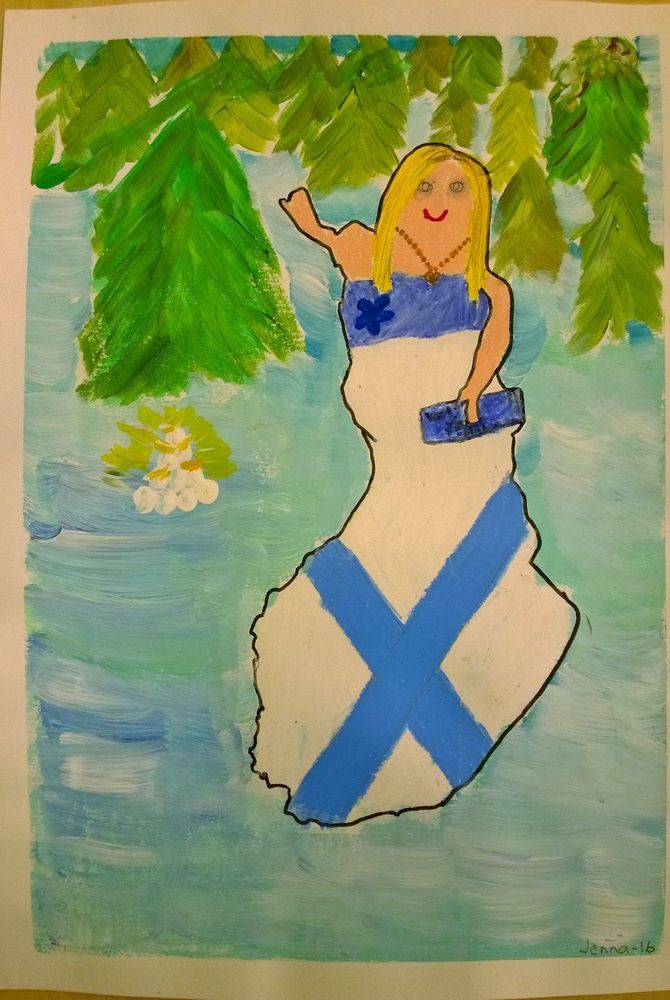 Child’s drawing depicting Finland as a lady that looks like she’s in a huge white sock with a blue cross on it