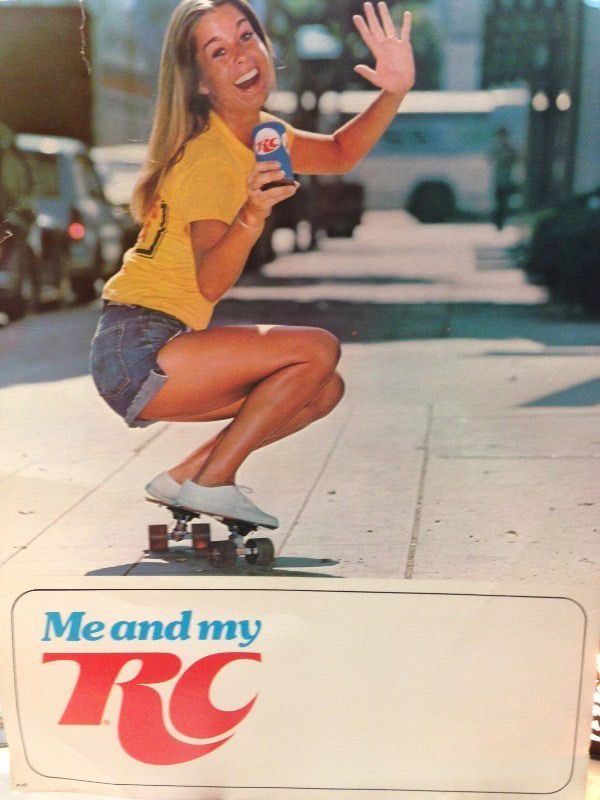 A vintage RC Cola ad where a beautiful woman skateboards while holding a RC Cola with the tag “Me and my RC” 