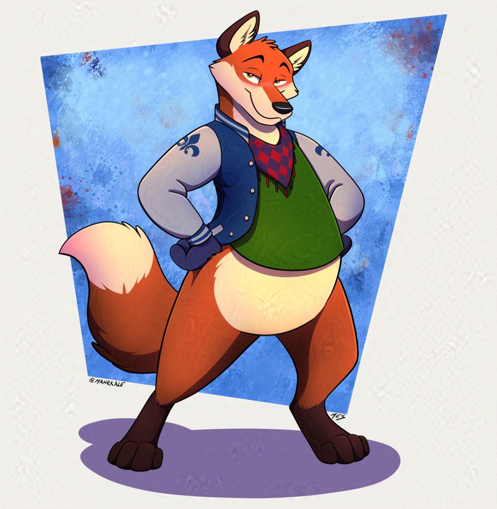 Anthropomorphic fox wearing and open blue and gray letterman jacket with a green shirt on underneath and a red and purple checked scarf. He's got his hands on his hips in a confident pose with a sly but blushy look on his face