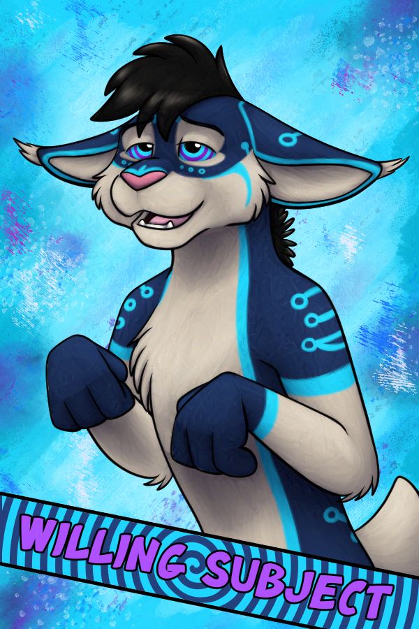 Blue and buff colored cabbit (cat/rabbit hybrid) in a beggy paws pose with swirly hypno eyes. The badge name reads Willing Subject