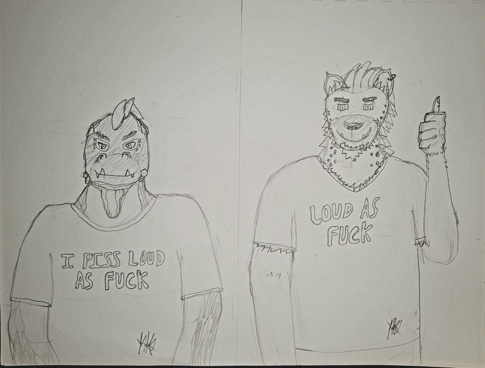 Two anthro characters in matching graphic T-shirts. On the left is Axell (a crocodile skink) in a neutral pose. His shirt says "I PISS LOUD AS FUCK". On the right is Yaks (a spotted hyena) giving a thumbs up. His shirt says "LOUD AS FUCK".