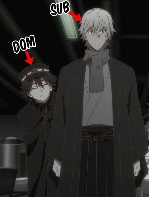 Screenshot of Ranpo Edogawa and Yukichi Fukuzawa. The word "Dom" floats above Ranpo and the word "sub" floats above Fukuzawa