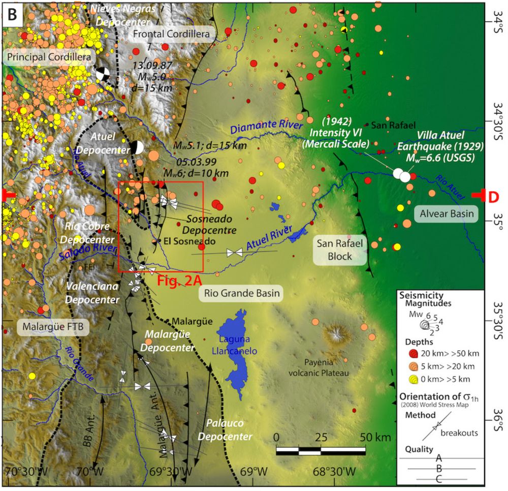 Map of the main tectonic faults and seismicity in the region of Malargüe on a background displaying the topography of the eastern front of the Andes.