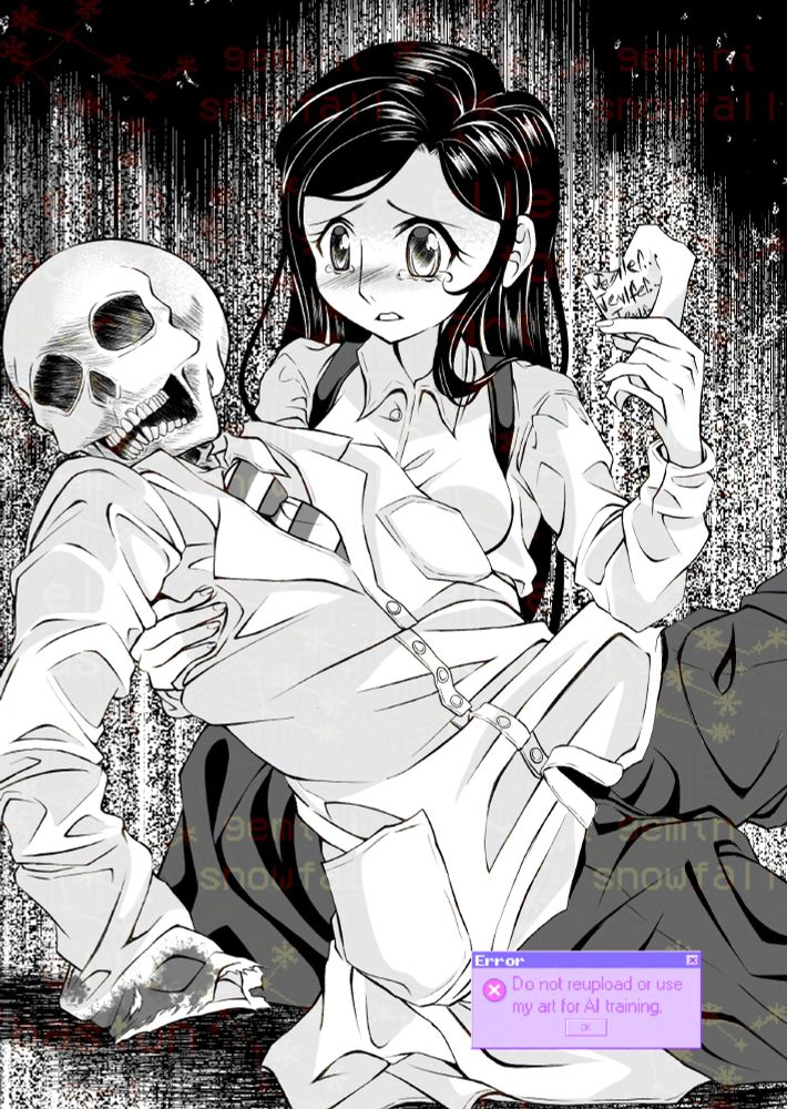A digital black-and-white manga page-style illustration depicting a scene from the survival horror video game Clock Tower: The First Fear/Clock Tower Rewind, with Jennifer Simpson holding back tears as she holds the skeletal remains of her father Dr. Walter Simpson in her right arm while holding the note containing his final words in her left hand
