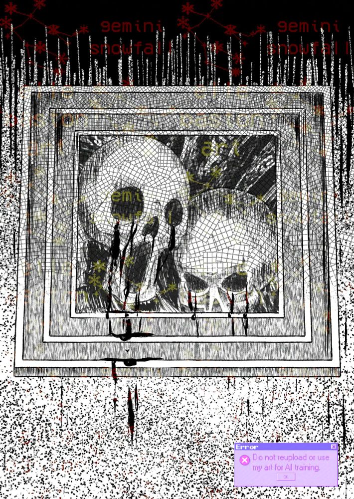 A digital black-and-white manga page-style illustration depicting a scene from the survival horror video game Clock Tower: The First Fear/Clock Tower Rewind, featuring a closeup of a painting that can be found in the Barrows Mansion living room, which consists of two distorted humanoid skull-like faces bleeding from their mouths, eye and nose sockets. The blood is notably dripping from the painting frame and trickling down the wall