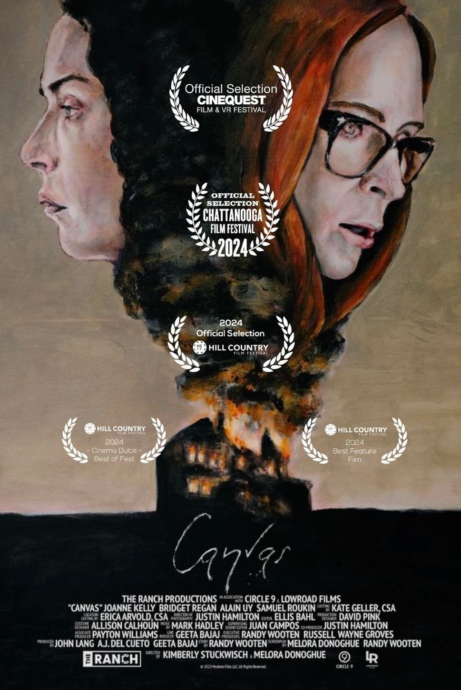 Movie art for the film “Canvas.” It is a drawing of a dark house on fire on a hill with the smoke billowing up to form the faces of two women looking opposite directions.