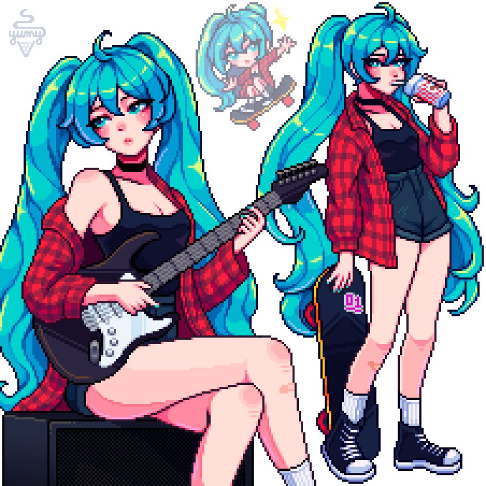 A pixel art illustration of Hatsune Miku with a Midwest, alt-girl aesthetic. Miku is depicted with her signature long, twin-tailed turquoise hair, now with messy styling and lime green highlights. Her outfit consists of a loose red flannel shirt worn open over a black tank top and high-waisted black shorts. On the left side of the image, she’s sitting on an amplifier, holding a black and white electric guitar, with one leg crossed over the other and her flannel slipping off her shoulder. On the right, she’s standing, holding a skateboard with red wheels and a purple sticker, while drinking from a checkered red-and-white Portillo's fast food cup. Behind them, there’s a small chibi-style Miku doing a skateboard trick with a bright, excited expression. The whole piece blends rock band energy with skater girl vibes, using a bright and saturated color palette with detailed pixel shading.