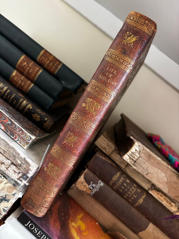 Spine of Hayley’s Life of Milton, at an angle. Also in the pic are Lisa’s working copies of Hayley’s ‘Old Maids’ and his Life of ‘Cowper’ as well as other books.
