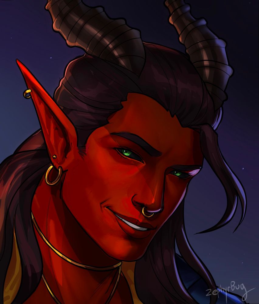 A red skinned man with green eyes and horns tilting his head and smiling at the viewer. He has a lot of gold jewelry including earrings and a septum piercing.