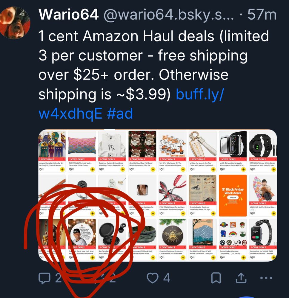 A wario64 skeet highlighting one cent purchases on Amazon with a certain item circled violently 