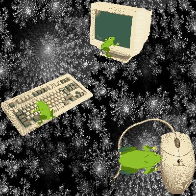 three frogs interacting with 90s computer hardware. each of the frogs is arbitrarily placed over a julia set fractal made to look like space