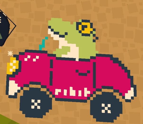 a drawing of a frog driving a red car with his riding goggles