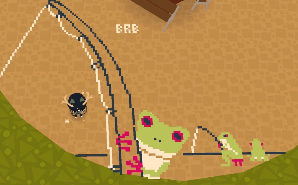a webfishing drawing of a tree frog clinging to a fishing pole. some other frogs are fishing in the background
