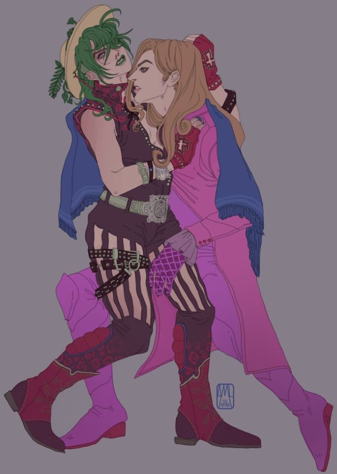 Illustration of 2 characters, one an original character with green hair and a jumpsuit like outfit- the other with long blonde hair and a bright pink outfit