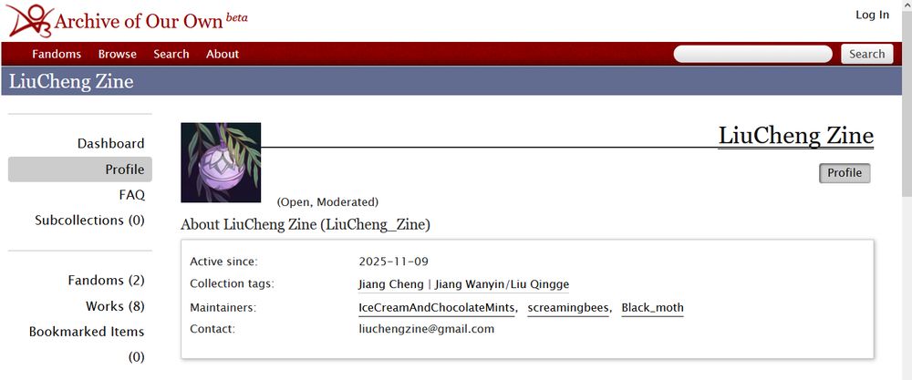 a screenshot of the LiuCheng_Zine AO3 collection