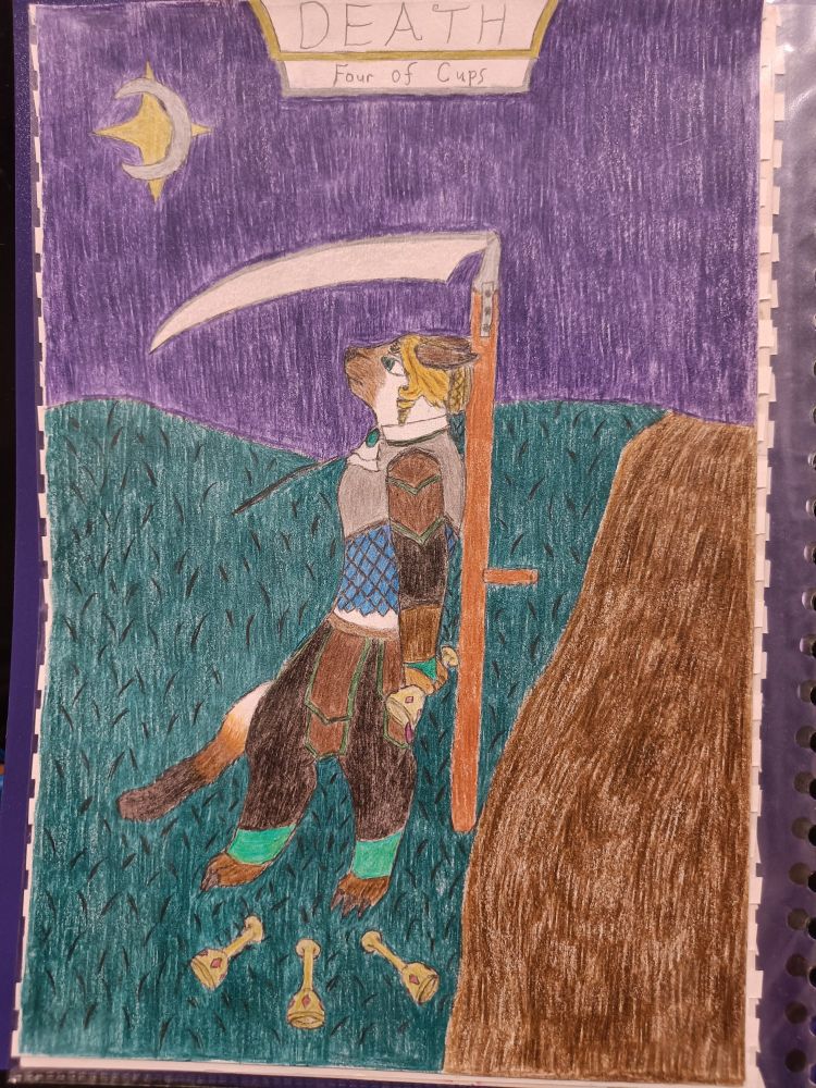 A female anthro cat with a Siamese fur pattern in fantasy rogue type armour and an emerald encrusted ascot, leans against a scythe. 3 empty goblets lie at her feet and one in her hand as she gazes up at the moon and stars pensively.