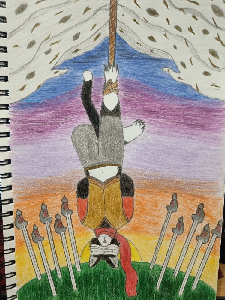 An Anthro tuxdeo cat wearing leather armour, grey pants, a long red scarf and bandages over where his eyes once were, dangles from a rope in the Rider Waite Hanged Man Tarot card pose. Ten swords are staked into the ground below him, he is strung up by the boughs of Birch trees.