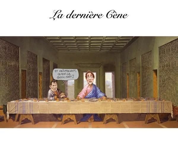 Chapleau dans La Presse. La dernière Cène. Justin Trudeau habillé en Jésus au centre de la table… Un seul homme est avec lui et il demande au P.M : « Et maintenant qu'est-ce qu'on fait ? »  Justin Trudeau est incapable de répondre .
