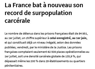extrait d'un article du Telegramme de Brest au sujet de la surpopulation carcérale qui a battu un nouveau record le 1er juillet 2025 : 84 591 détenus pour 62 509 places. On dépasse même les 200% de densité carcérale dans 29 établissements ou quartiers pénitentiaires 