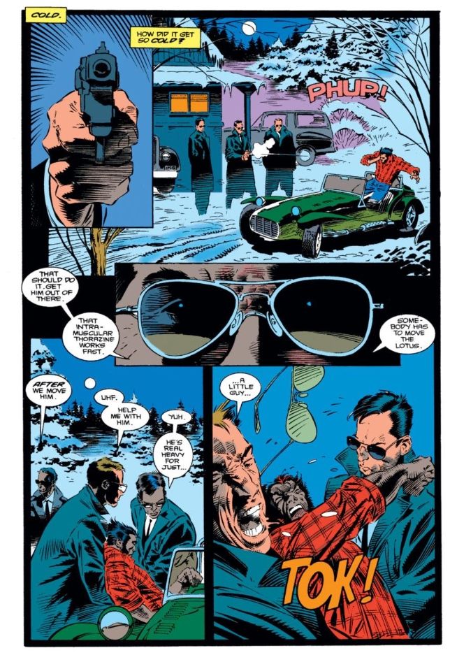 A comic page from Wolverine vol 2. #48 depicting the x-man Wolverine wearing a plaid shirt and being shot by three men in black-types while getting into a Lotus 7 car.  
He then revives and punches one of the men as they are attempting to grab him 
