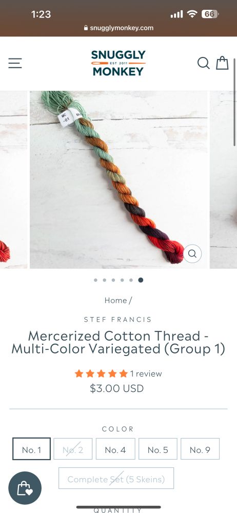 mercerized cotton thread by Stef Francis, colors are autumnal green, gold, orangey crimson and deep purple 