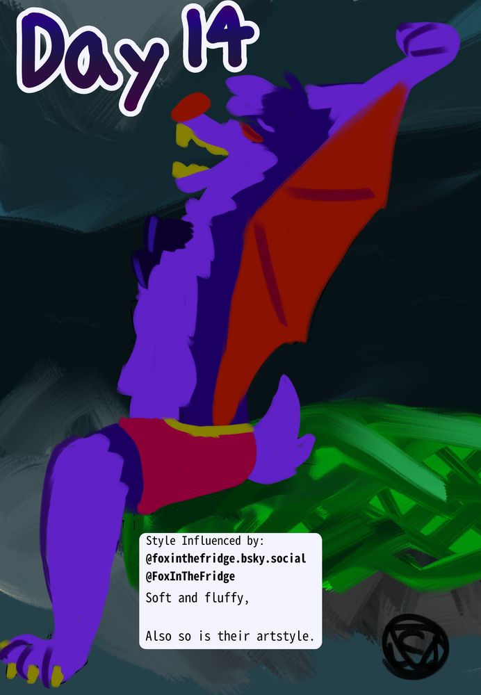 Style Influenced by:
@foxinthefridge.bsky.social
@FoxInTheFridge

Soft and fluffy,
Also so is their artstyle.

Imagine a soft batman you'd wake up to to cuddle and feel the absurd fluff upon his belly and chest. That's Maiko here and yes his maw is open wide. Also he's in his pal's cave!