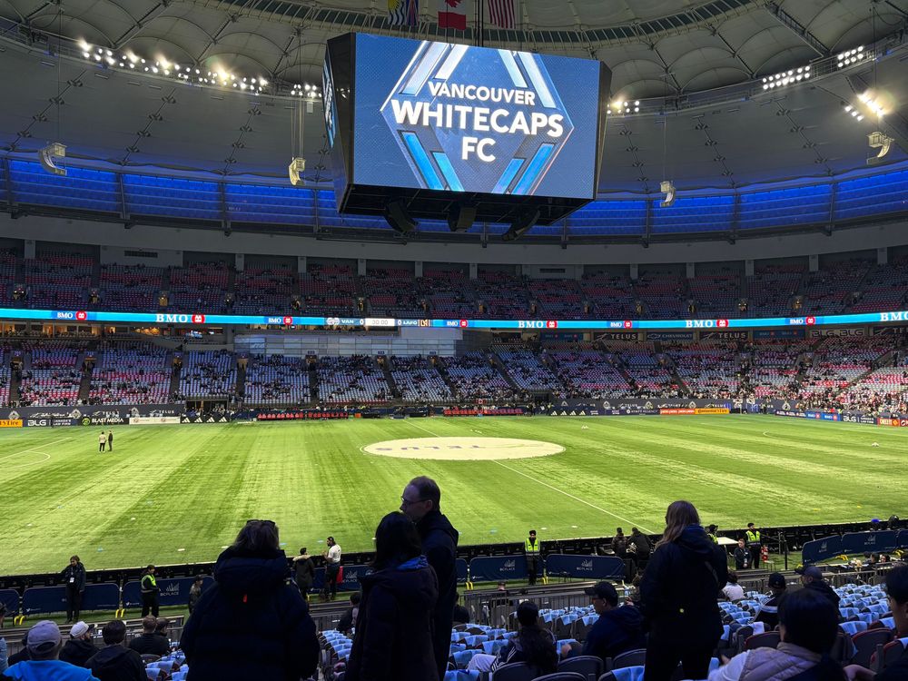 Pre-game view of the pitch from my seat in Section 242 at BC Place. The Whitecaps logo is on the big screen. 