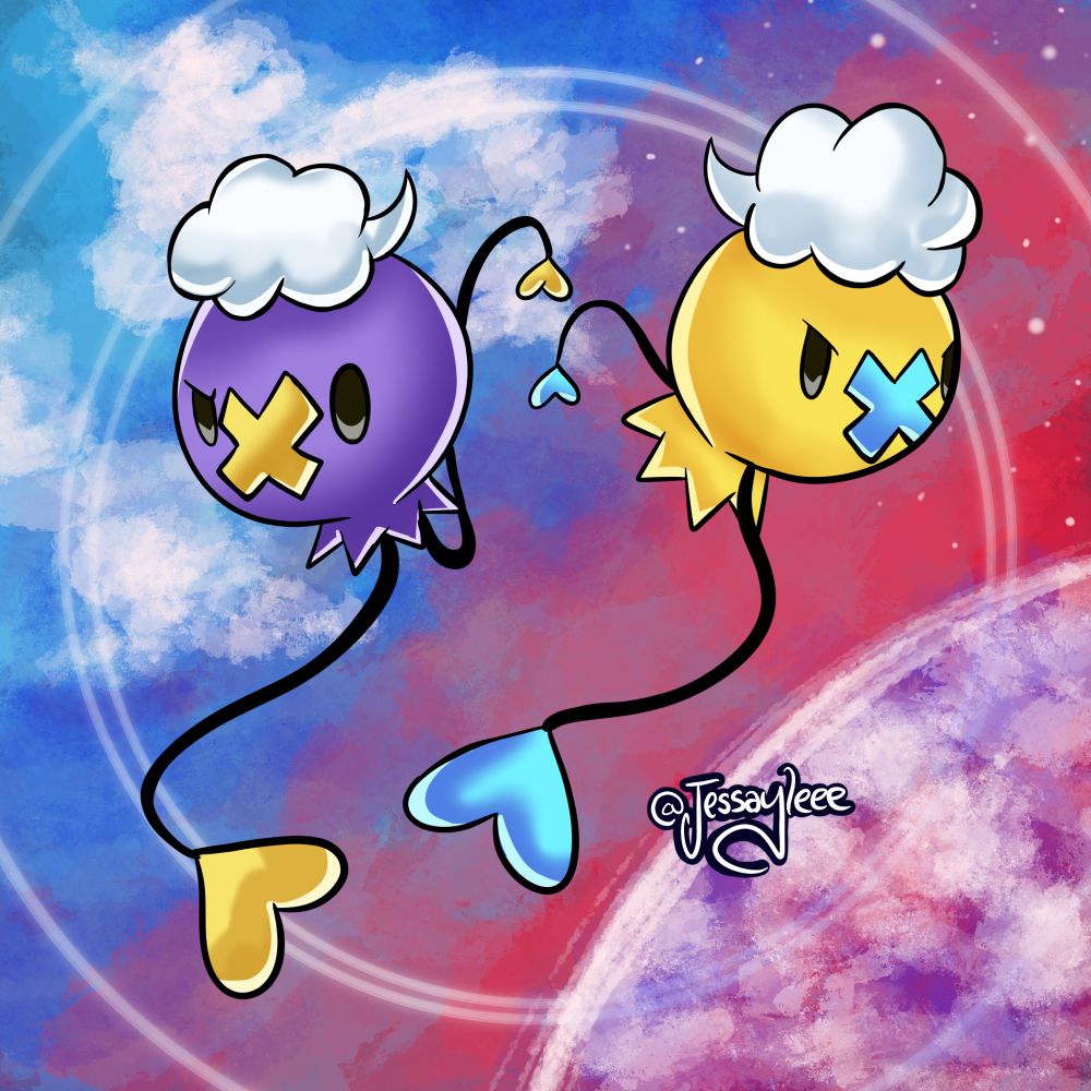 My drawing of a Drifloon and a Shiny Drifloon doing the Sonic & Shadow pose from the Sonic Adventure 2 boxart