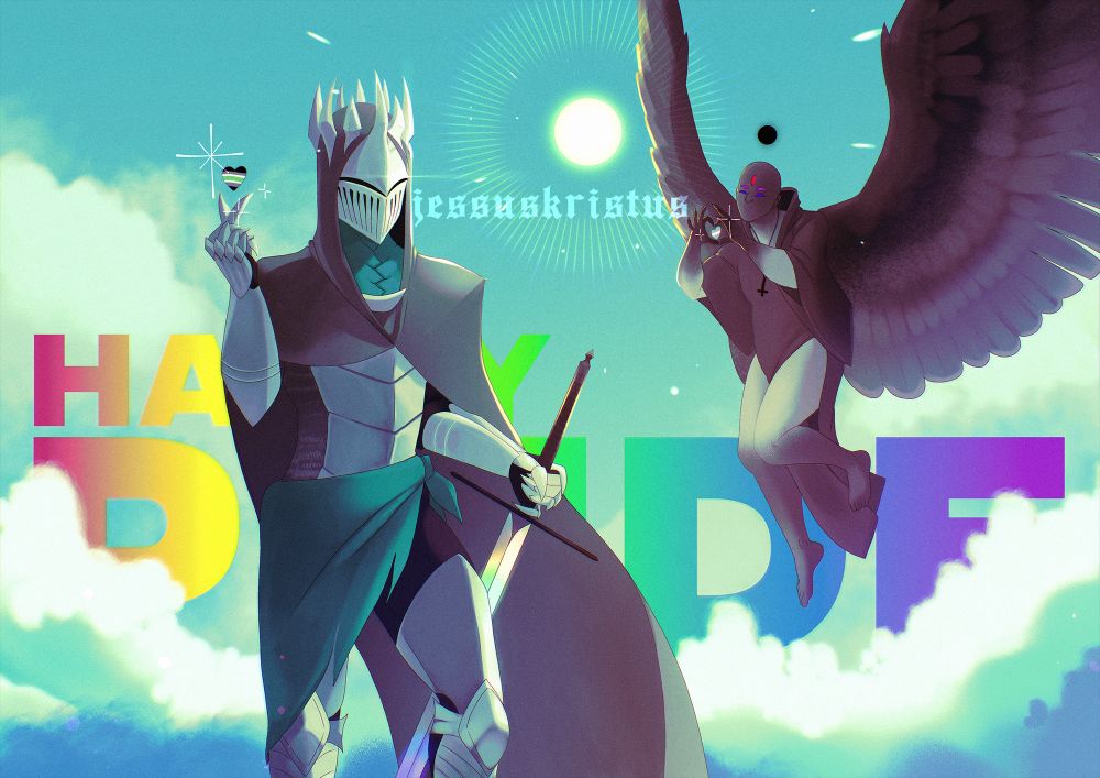 Two characters illustrated, knight at the front, and an angel in the back. They're both doing a heart symbol with their hands. Big bold text in the background reads "HAPPY PRIDE".