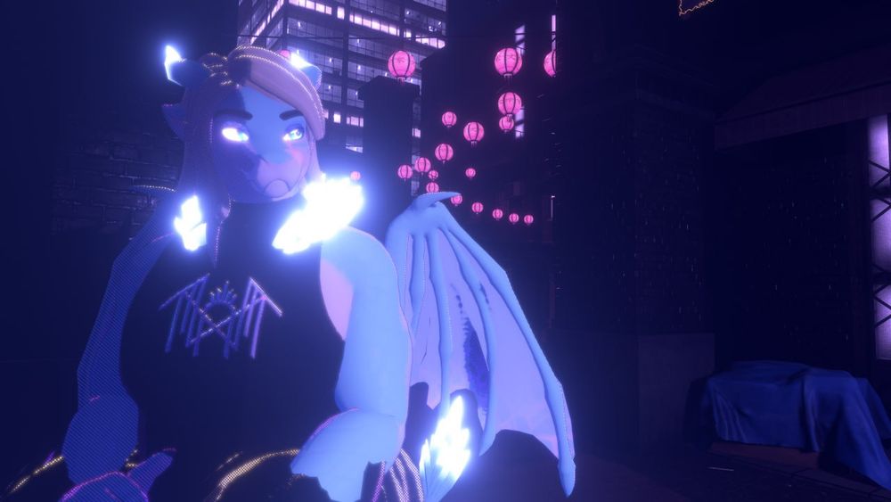 Vrchat model of a teal anthro dragon with blond hair and a sleep token shirt