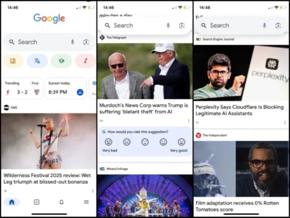 Three Discover screenshots on the Google app for iPhone as seen by Press Gazette on 6 August 2025