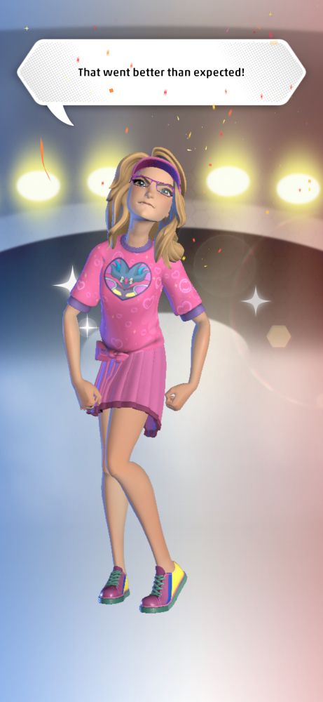 A TCG Live avatar that looks like FunnyGodmother posing after victory wearing a pink Malamar T with hearts on it 