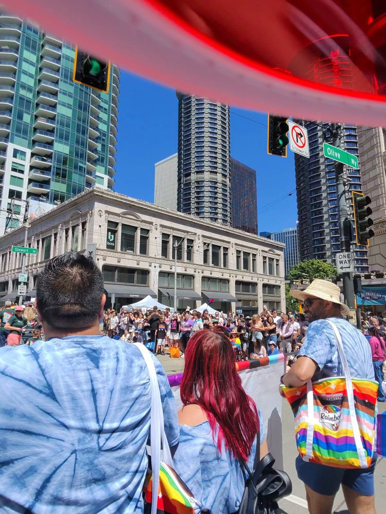 A city block lined with Pride parade viewers as seen from the marchers perspective. Several TPCi employees in blue tie dye t-shirts with branded bags look at the crowd. 