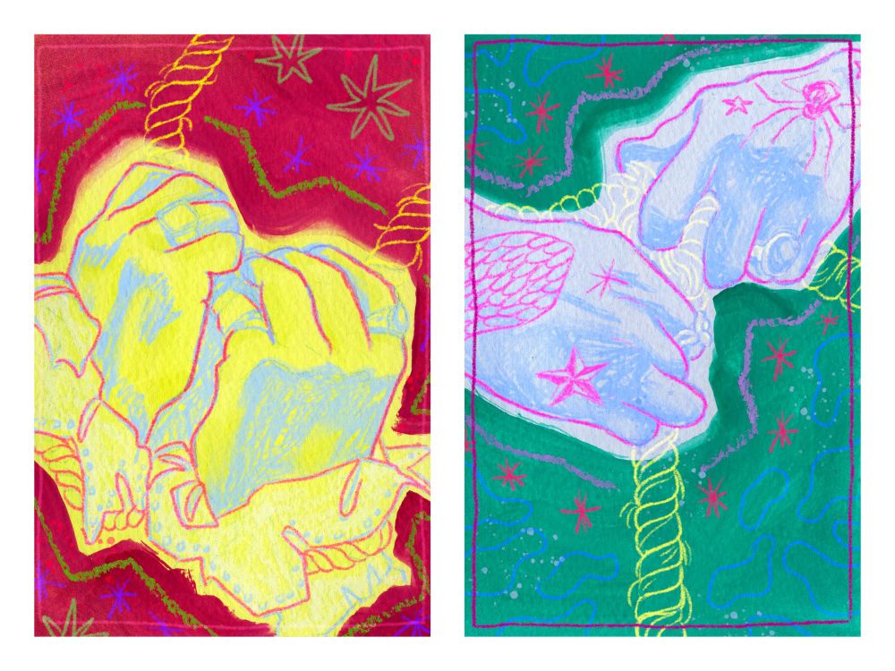 two mixed media illustrations.

the first is of stede’s hands gripping at a rope that is meant to be around his neck, like in s1 ep3 where he’s near death and rescued by ed. the hands are digitally drawn in light blue and hot pink over a neon yellow/green background painted with gouache. the hands are blocked by a magenta background also painted with gouache. there are purple and teal star accents around the hands

the second is of ed’s hands gripping at a rope that’s meant to be around his waist, like in s2 ep3 where he’s near death and stede helps guide him back to. the hands are digitally drawn in light blue and pink over a light blue background painted with gouache. the hands are blocked by teal background also painted with gouache. there are hot pink stars and wiggly blue circle accents around the hands

the two pieces together are meant to reflect how the show can hold so much soul-stirring depth within it’s cheerful charm. at first glance the drawings are happy and bright, but the subject of the pieces are moments of distress before saving. the illustrations are also meant to show how both ed and stede’s near-deaths and rebirths are intertwined with each other and literal rope