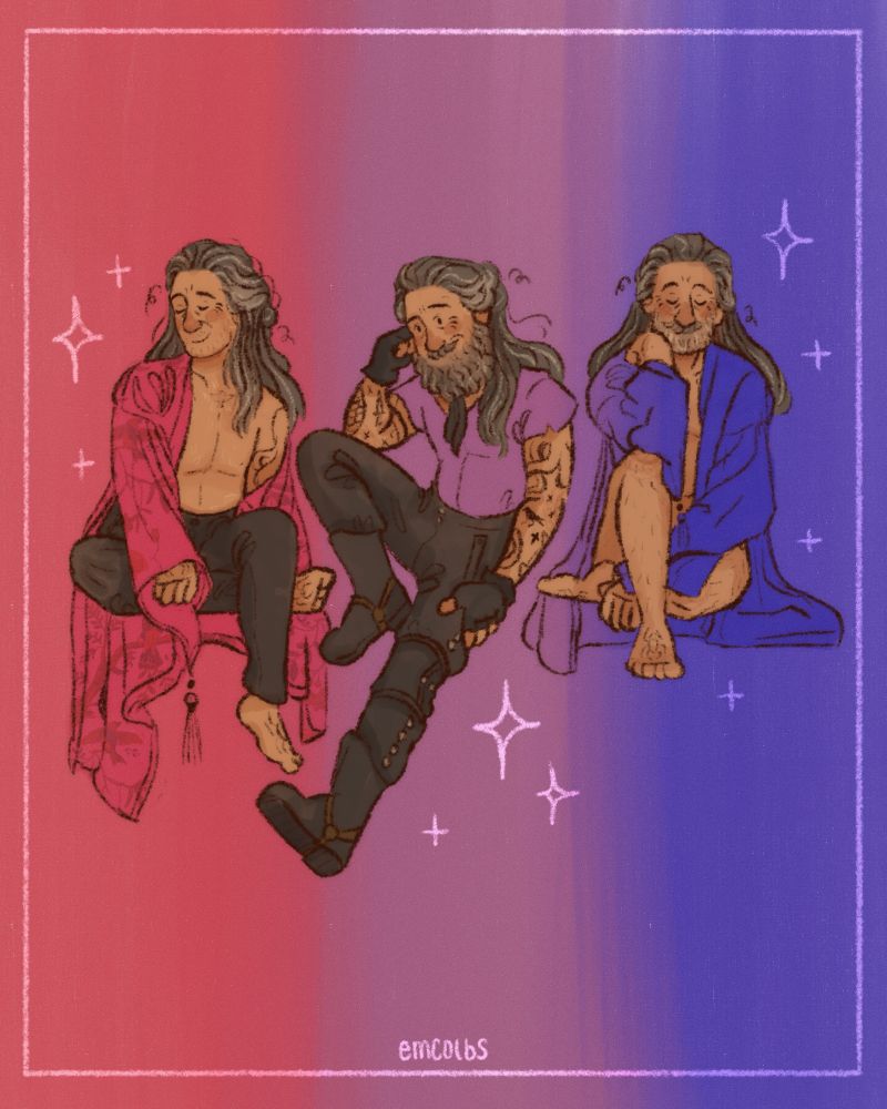 a drawing of three ed teach’s. the first ed is beardless, shirtless, and is wearing the pink breakup robe and black pants. he’s sitting on one of his legs, with the other dangling over it. the ed in the middle has a full beard and is wearing a purple tshirt, leather pants, boots, knee brace, fingerless gloves, and black cravat. he has a leg outstretched and the other bent. he has an elbow propped up on it and is resting his head on his fist. the last ed has a short beard and is wearing nothing but a blue/purple robe. he’s sitting with one leg bent under him and the other propped up. he has an elbow resting on it and has his head resting on his fist. the background is the bisexual flag colors but vertical. there are star/sparkles around them