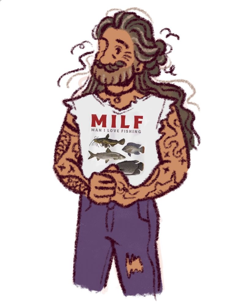 a digital drawing of ed teach from ofmd in a white shirt with the text
MILF
MAN I LOVE FISHING

the sleeves and collar have been cut off. he’s also wearing purple ripped jeans and a choker necklace 
