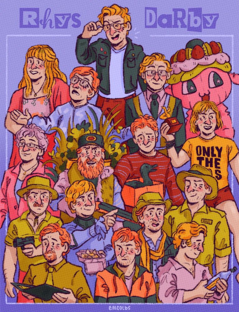 a brightly colored digital drawing of rhys darby and a bunch of his characters, including: 
- murray hewitt from flight of the conchords
- anton from wwdits
- stede from ofmd
- steve from wrecked
- casper from relax i’m from the future
- nigel from jumanji
- bill, terry, steve, mary, and louise from short poppies
- doug (and pierre the duck) from love birds 
- psycho sam from hunt for the wilderpeople
- madigan from uproar
- pabu-chan from rhys darby: big in japan