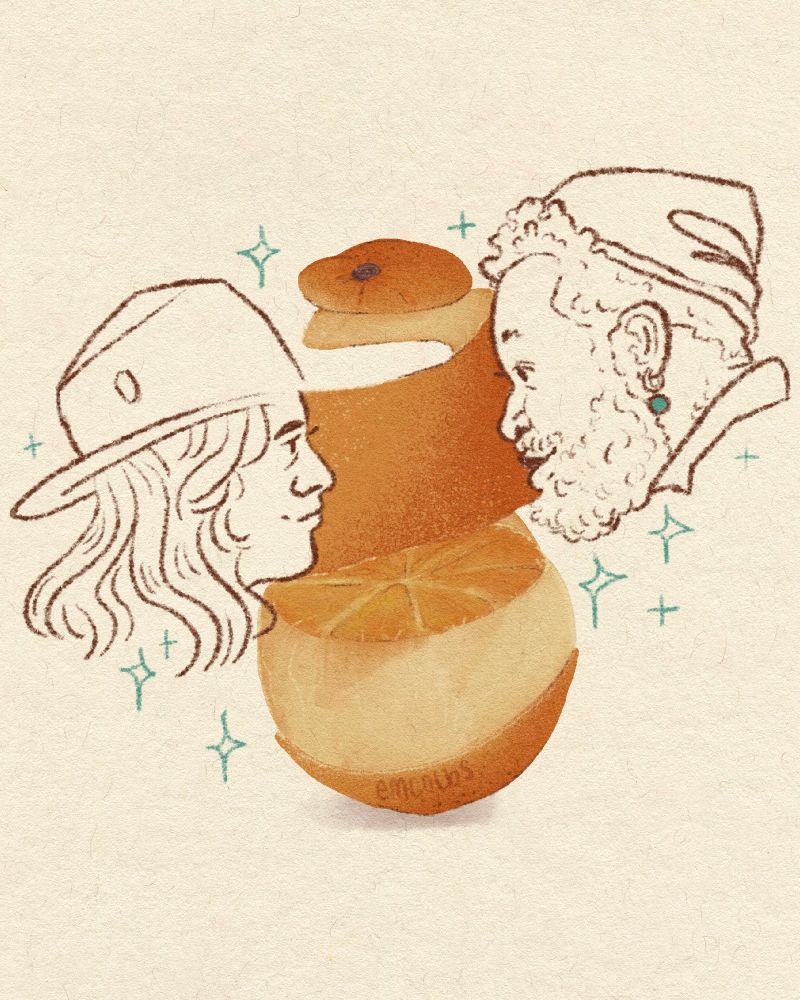 a digital drawing of jim and oluwande’s profile. between them is a partially peeled orange, it’s peel curling upwards. the profiles of their faces are cut out of the peel.