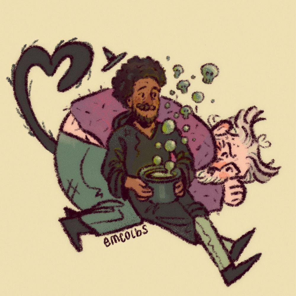 a digital drawing of frenchie and wee john from our flag means death.

wee john is curled up like a cat, with a black tail and his hair styled like cat ears. frenchie is sitting in front of him with his legs stretched out and crossed. he’s dressed like a witch with a small pointed hat and black cloak, holding a cauldron.

the cauldron has a poisonous green liquid bubbling out of it 