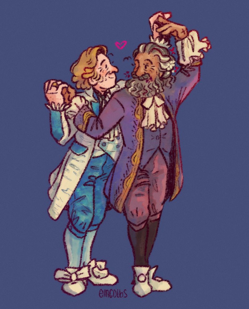 a digital drawing of ed and stede from ofmd dancing in their fancy party outfits