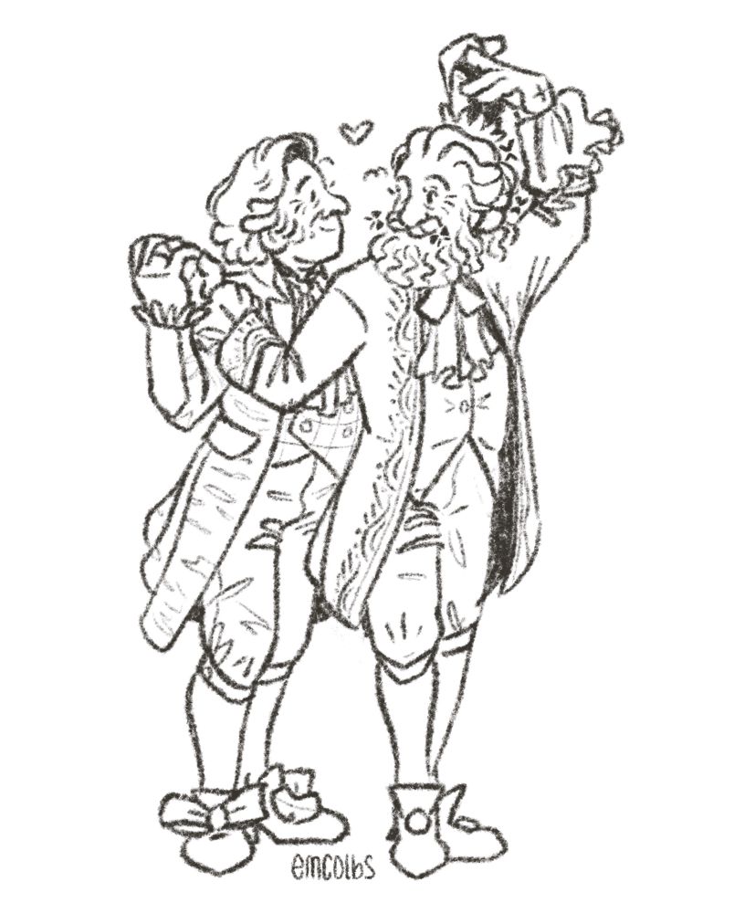 a digital drawing of ed and stede dancing in their fancy party outfits