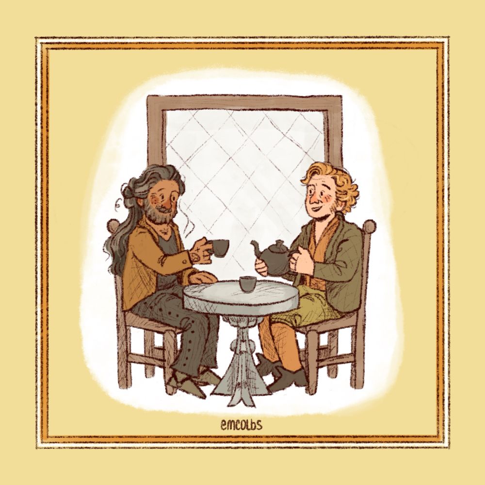 a digital drawing of ed and stede sitting at a small table having tea. it’s a redraw of a frog and toad book illustration 