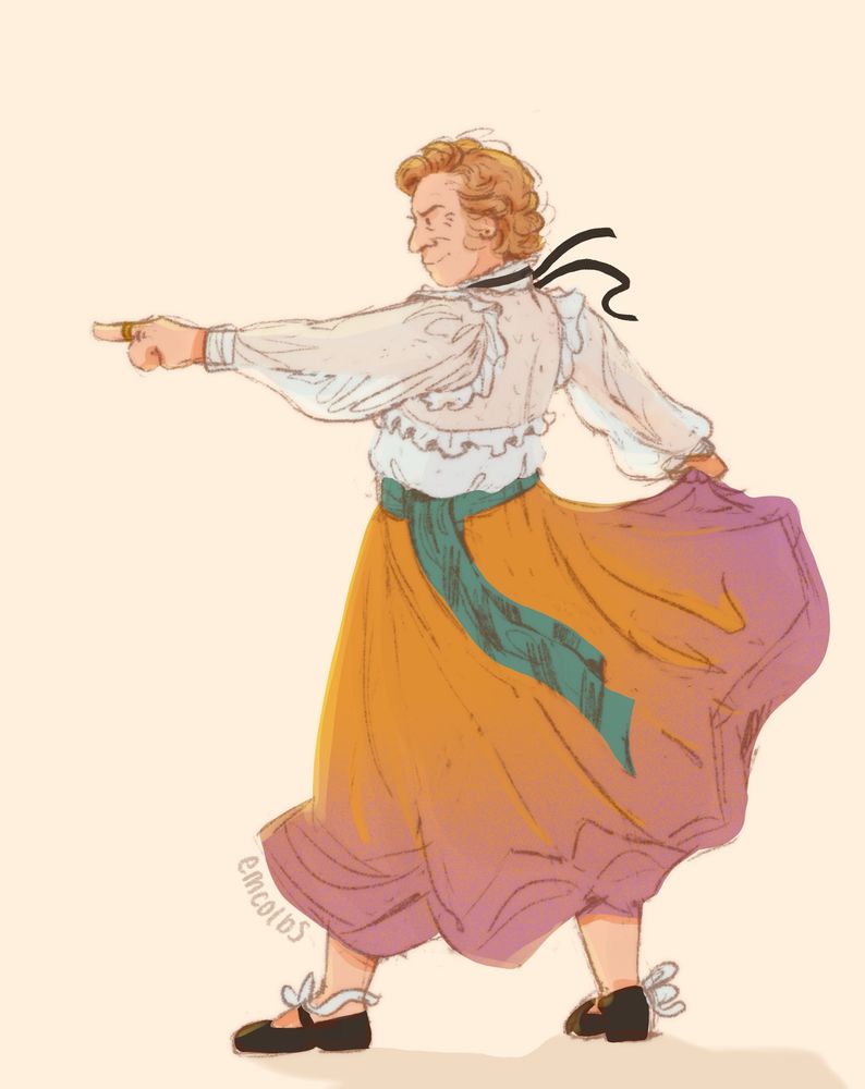 a rough digital drawing of stede bonnet from our flag means death standing wide and confidently pointing to the left. he’s wearing a flowy white blouse, black cravat, teal fabric belt, black shoes with white bows, and an orange/purple ombre skirt that he’s swishing behind himself in the wind