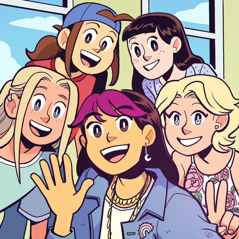 Digital color illustration by Gale Galligan depicting Dawn, Kristy, Claudia, Mary Anne, and Stacey from the Scholastic Graphix adaptations of The Baby-Sitters Club, as though Claudia were taking a selfie of the five of them in Claudia's room.