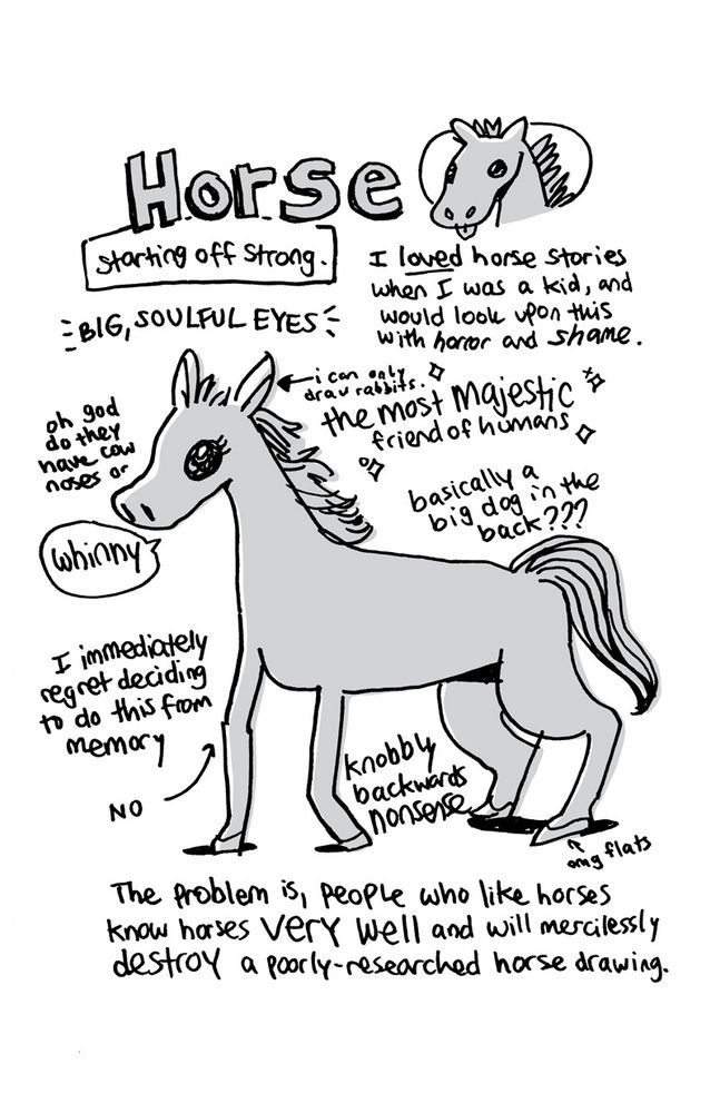 Page 1. Title: Horse. Drawing of a goofy horse face is next to the title.
Subtitle: starting off strong.

A simple illustration of a horse follows with written notes. A word balloon emerges from the horse: “whinny.”

Text:

I loved horse stories when I was a kid, and
would look upon this with horor and shame.

BIG, SOULFUL EYES

(Next to an arrow pointing to ears:) i can only draw rabbits.

the most majestic friend of humans

(Above butt:) basically a big dog in the back???

(Above face:) oh god do they have cow noses or

I immediately regret deciding to do this from memory

(By knee:) NO

(Between legs:) knobbly backwards nonsense

(By hoof:) omg flats

The problem is, people who like horses know horses very well and will mercilessly destroy a poorly-researched horse drawing.