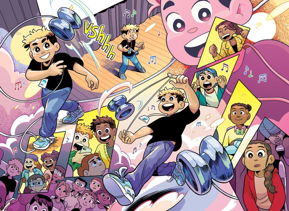 Double page spread from the graphic novel Freestyle by Gale Galligan. An energetic, dreamy montage of Cory performing at a yo-yo competition as the crowd watches. His friends cheer him on; his captain, Tess, is teary-eyed as she realizes how much love he must have put into this routine.