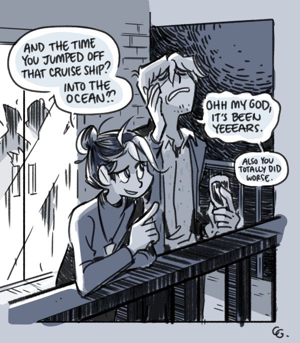 Yugi and Joey from Yu-Gi-Oh! on a balcony at night. Joey holds a drink in one hand. Yugi teases Joey while he pulls at his face.

Yugi: And the time you jumped off that cruise ship? Into the ocean??
Joey: Ohh my god, it's been yeeears.
Joey: Also you totally did worse.