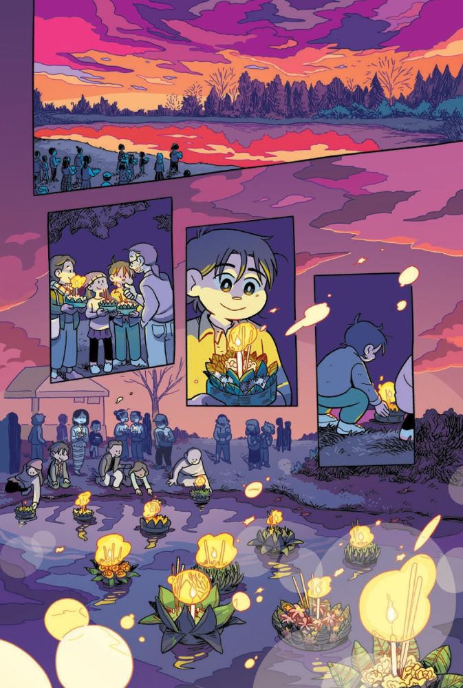 Excerpt from the graphic novel Fresh Start by Gale Galligan. A wordless page. The first four panels are inset panels atop the fifth, which expands to fill the page.

PANEL 1
Sunset at a lake. A group stands by the lake holding krathongs (small floating boats made out of leaves and flowers which hold candles).

PANEL 2
Ollie and her mom and sister hold their krathongs up as Dad lights the candles.

PANEL 3
Ollie looks down at her lit krathong with a sentimental smile.

PANEL 4
Ollie sets her krathong down in the lake.

PANEL 5 
Krathongs float down the lake.