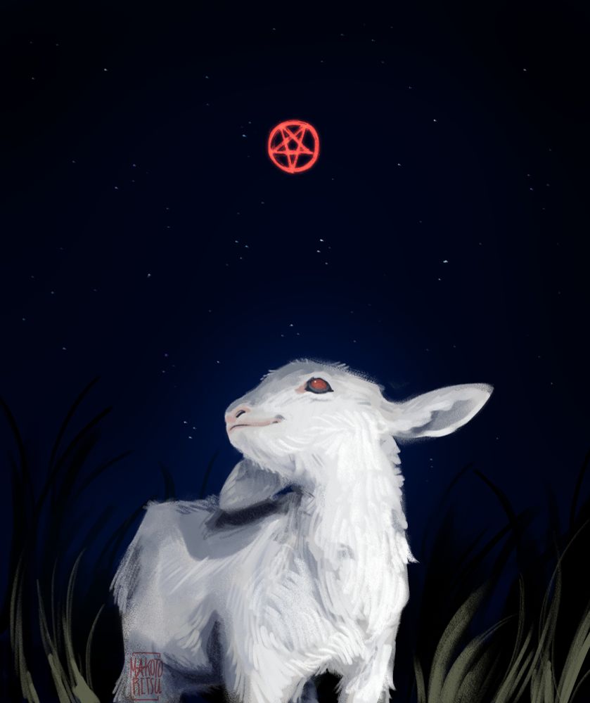A lamb smiling and looking up the sky, above its head there is an inverted pentagram in red. The illustration looks like a photo with flash in the night.
